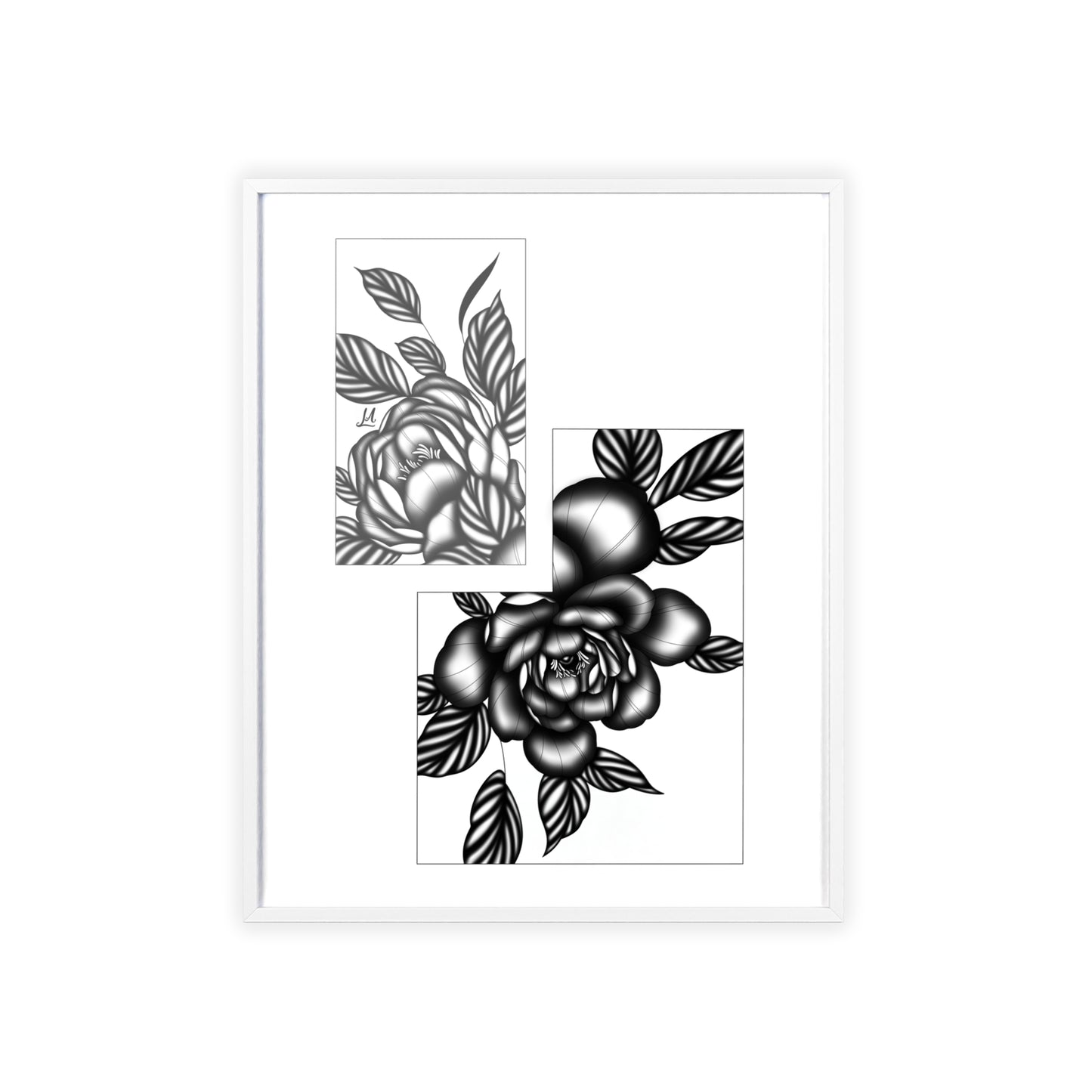 Detailed floral artwork in a black and white setting - Framed.
