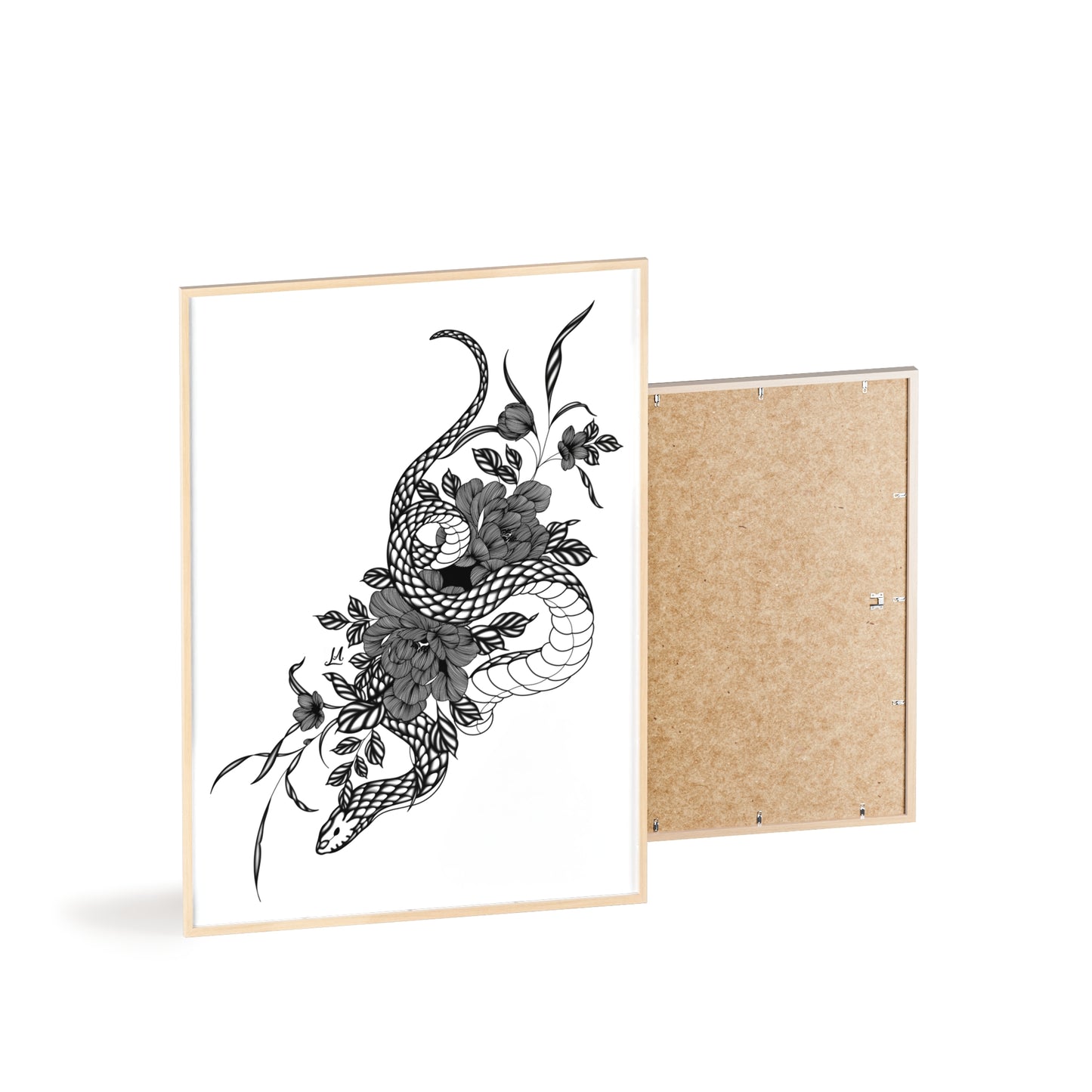 Botanical serpent wall art, in a black and white contrast shading - Framed.
