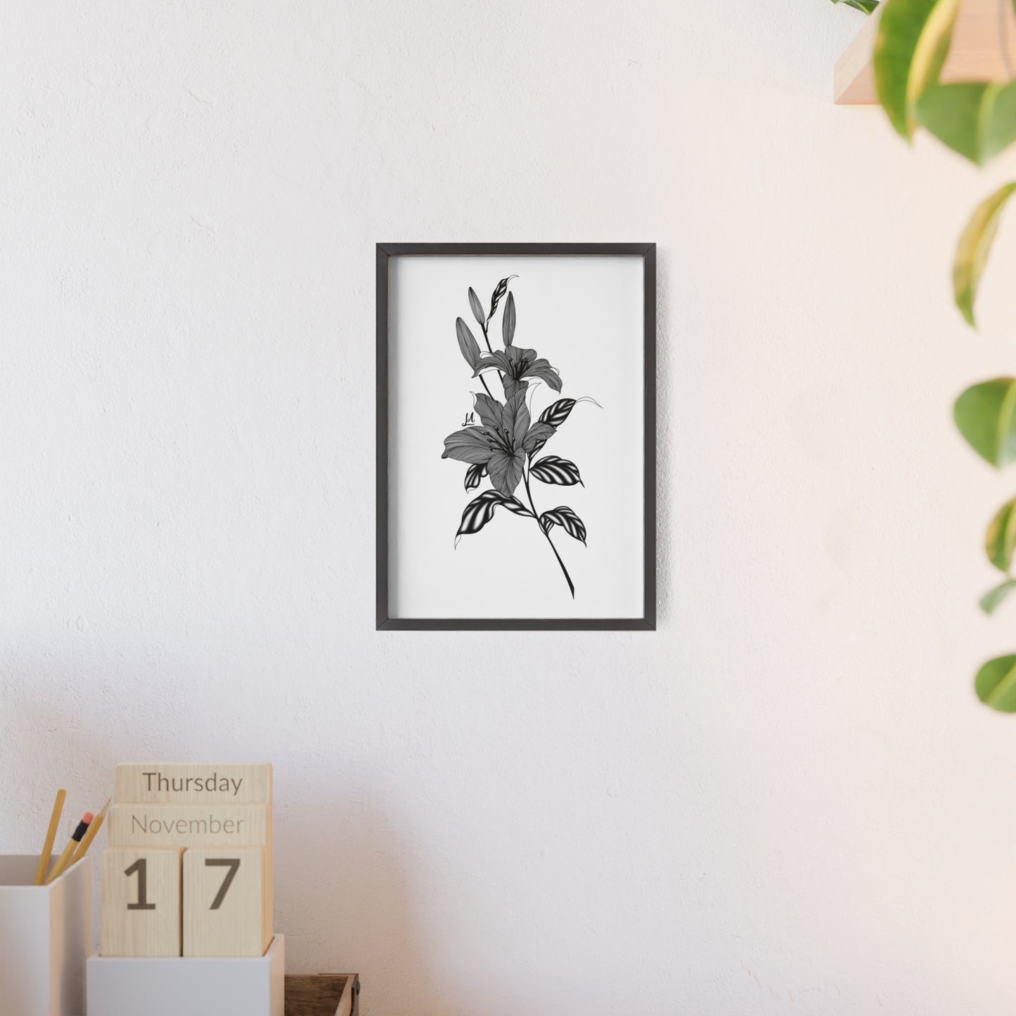 Elegant Floral Wall Art, Black and White Lily artwork - Framed.