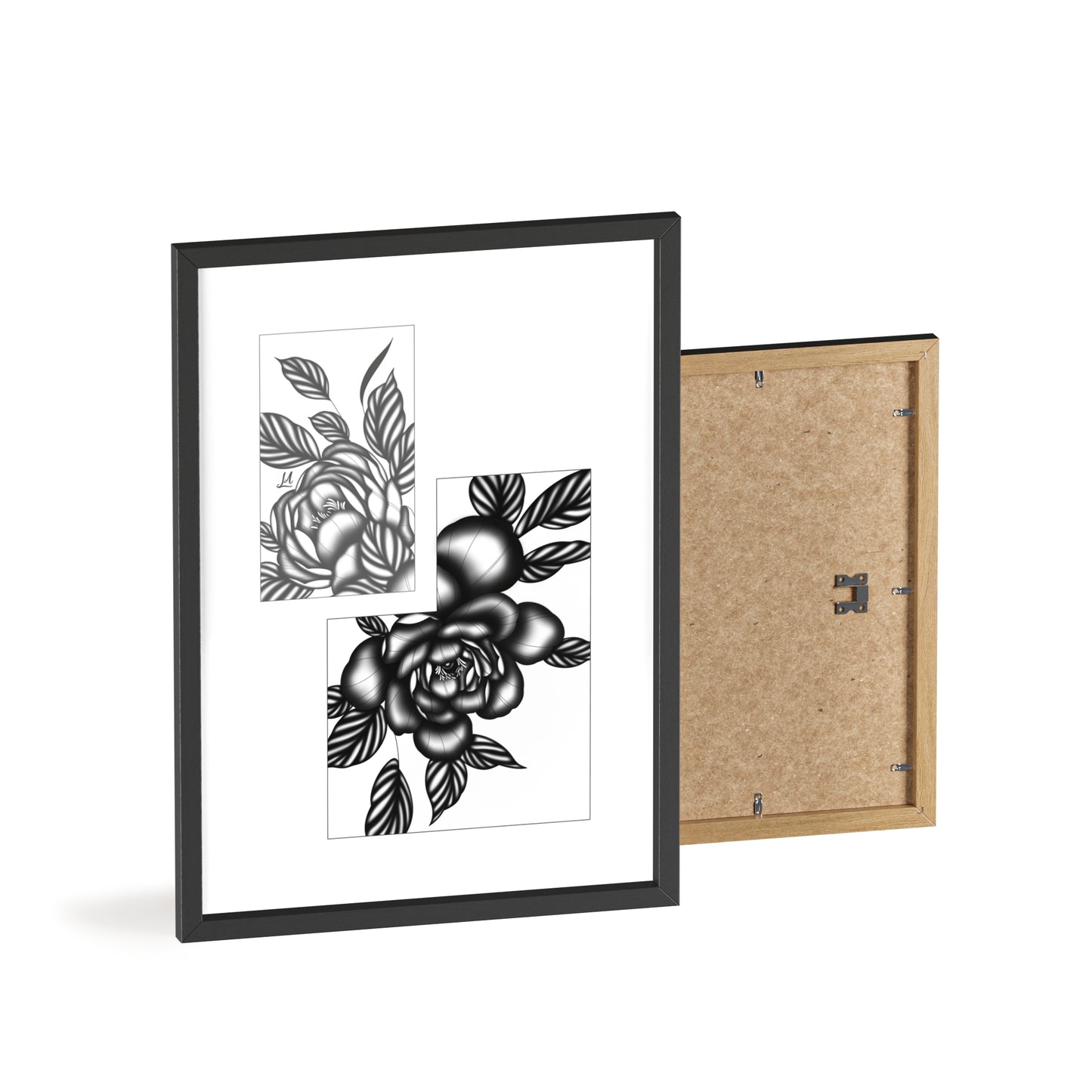 Detailed floral artwork in a black and white setting - Framed.