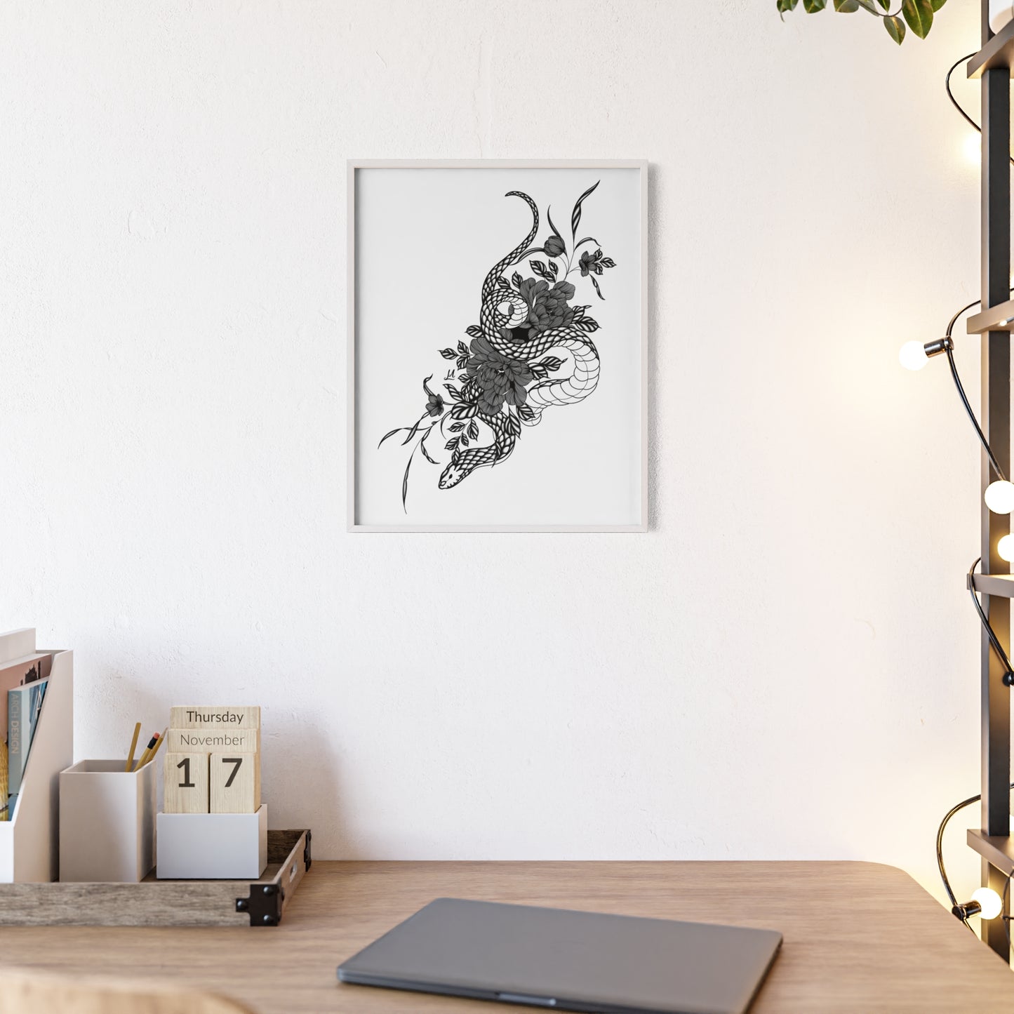 Botanical serpent wall art, in a black and white contrast shading - Framed.