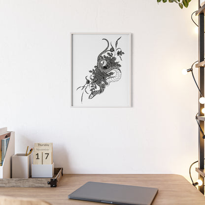 Botanical serpent wall art, in a black and white contrast shading - Framed.