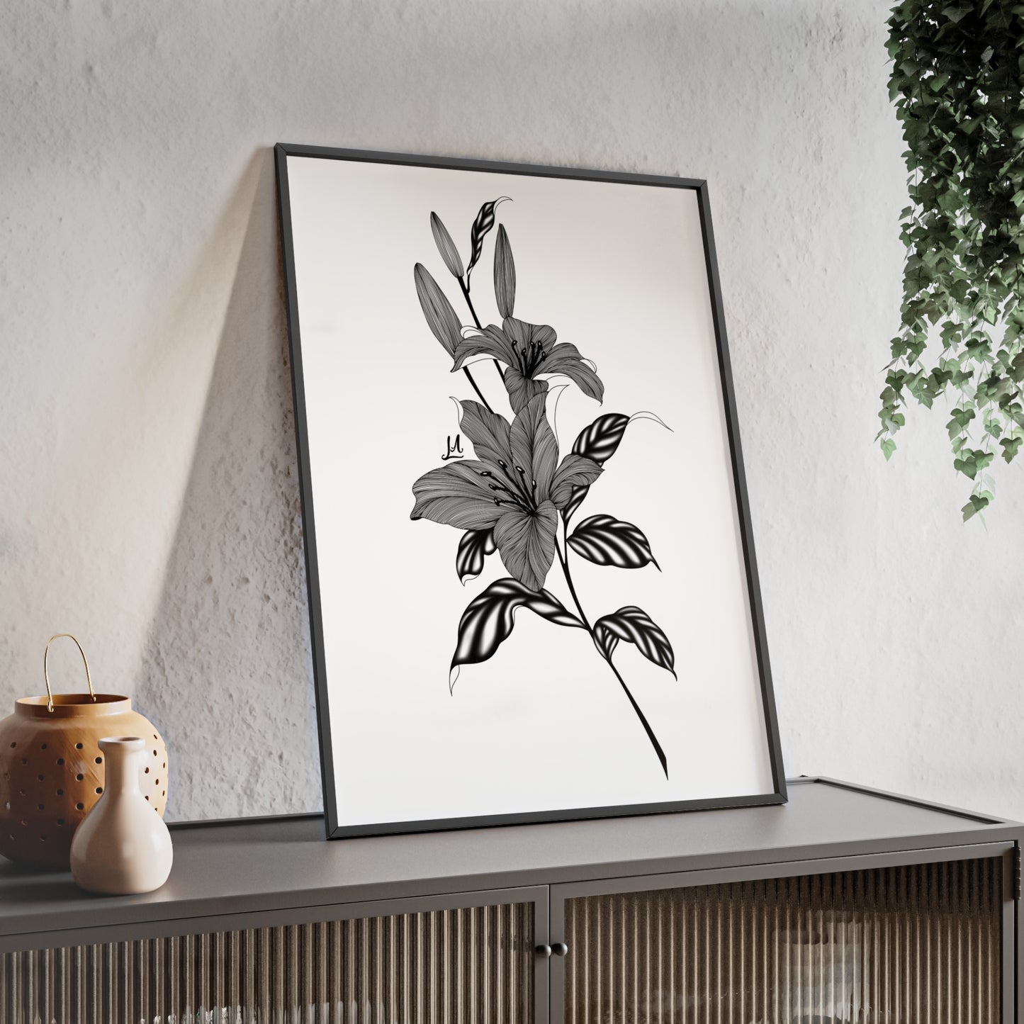 Elegant Floral Wall Art, Black and White Lily artwork - Framed.