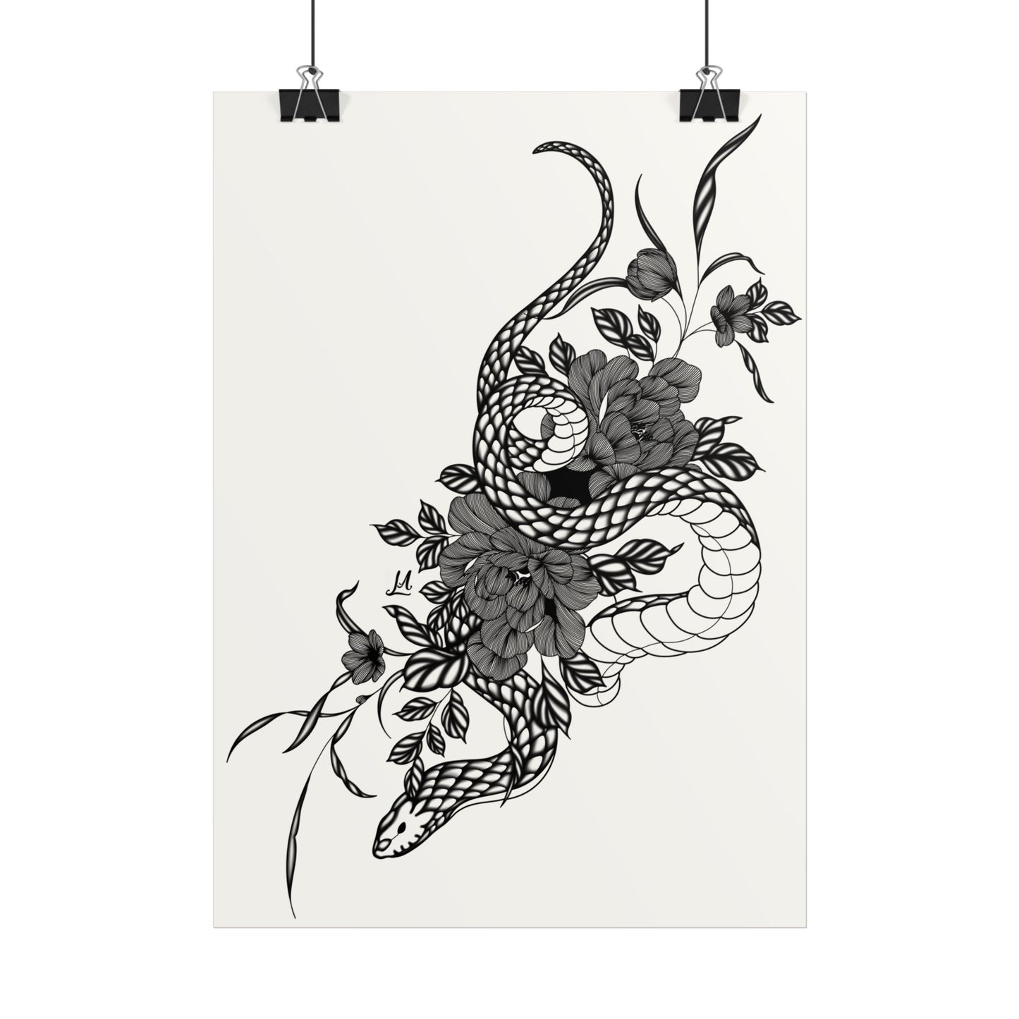 Botanical Serpent Wall Art, in black and white contrast shading.