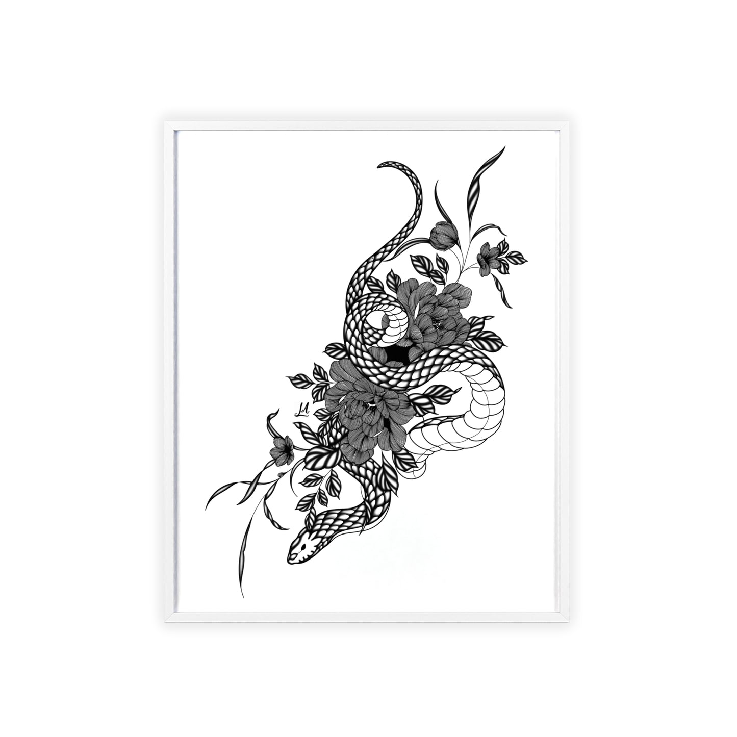 Botanical serpent wall art, in a black and white contrast shading - Framed.