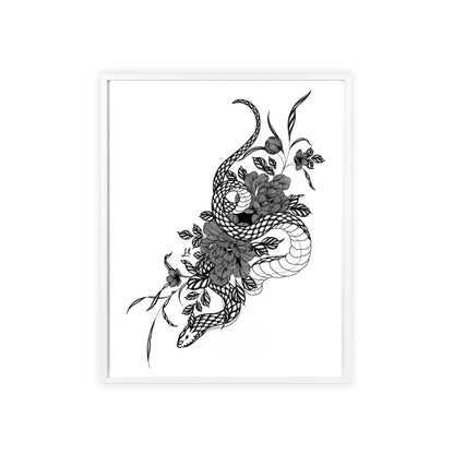 Botanical serpent wall art, in a black and white contrast shading - Framed.