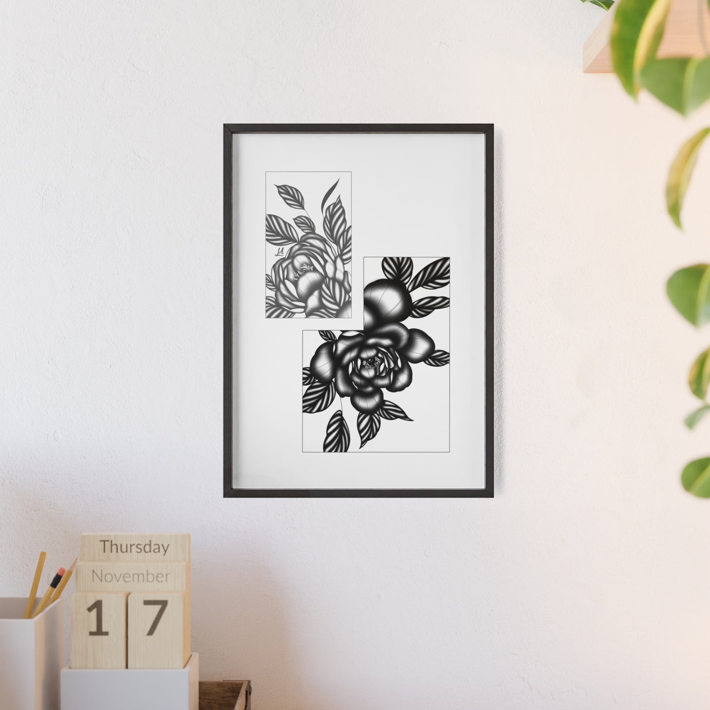 Detailed floral artwork in a black and white setting - Framed.