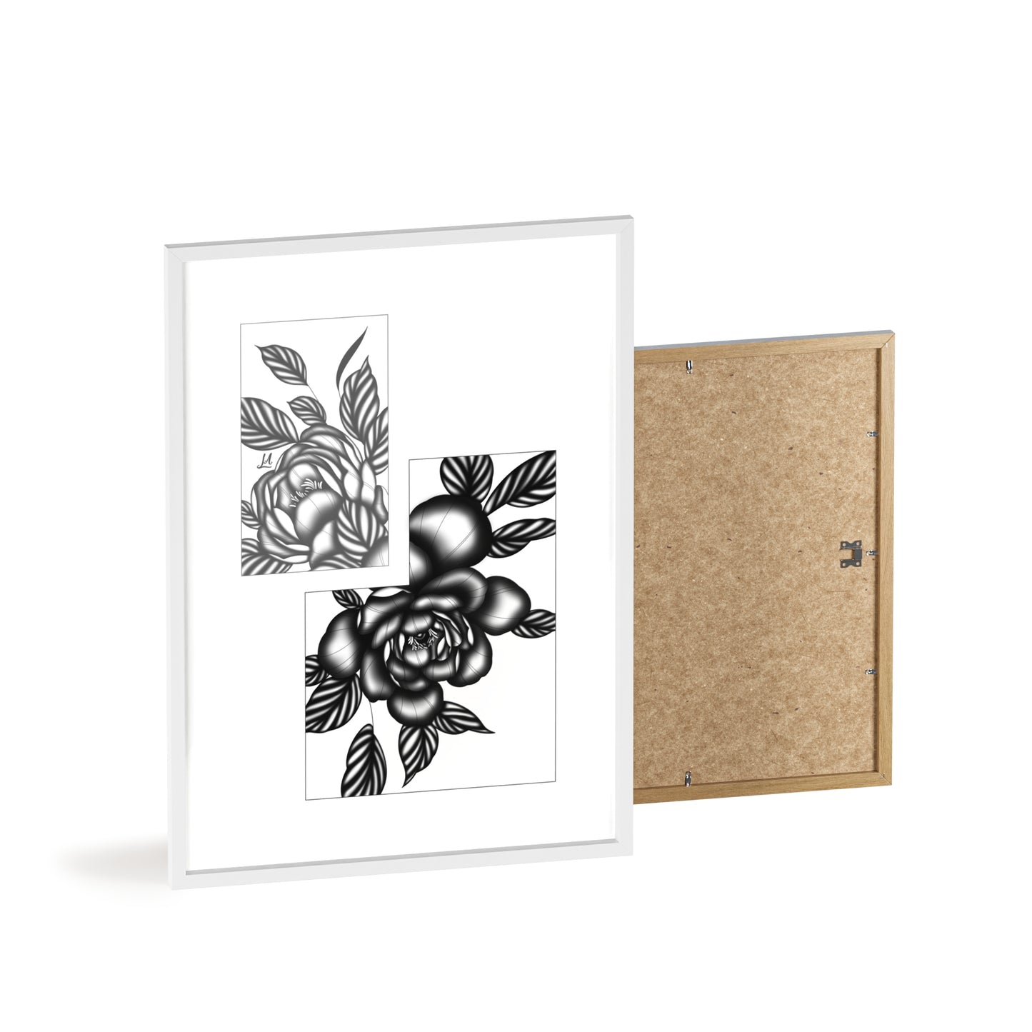 Detailed floral artwork in a black and white setting - Framed.