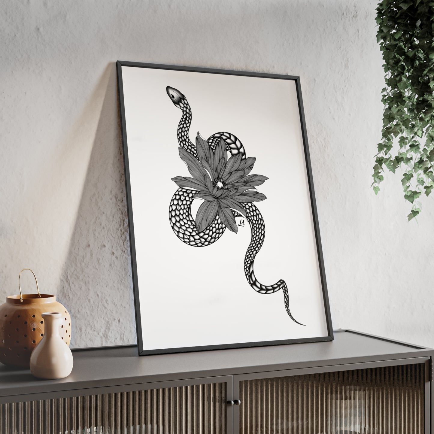 Serpent and flower artwork - Framed.