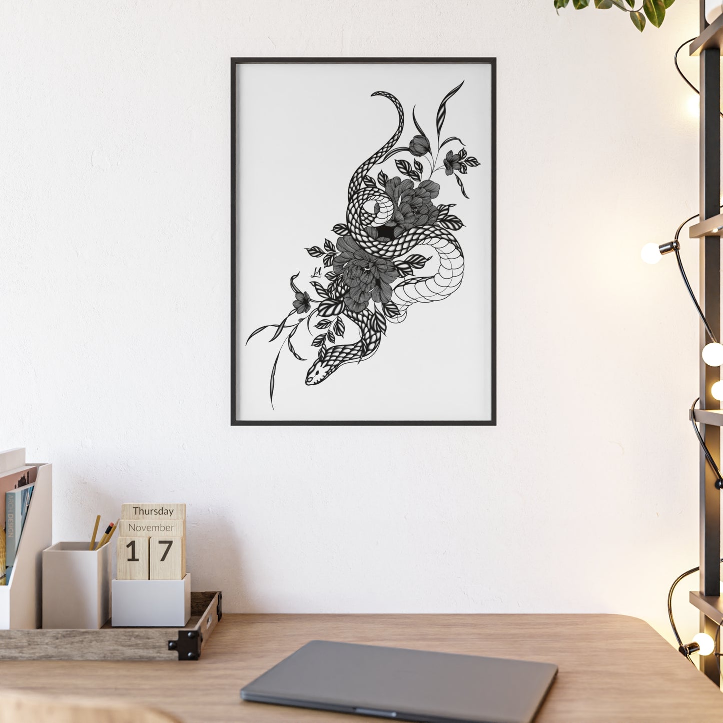 Botanical serpent wall art, in a black and white contrast shading - Framed.