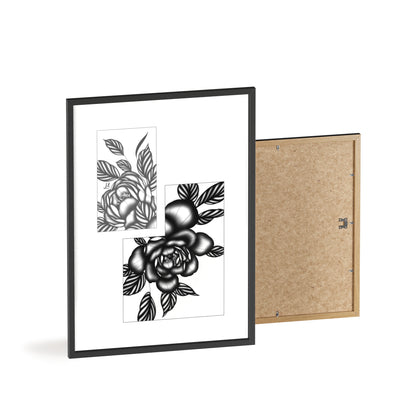 Detailed floral artwork in a black and white setting - Framed.