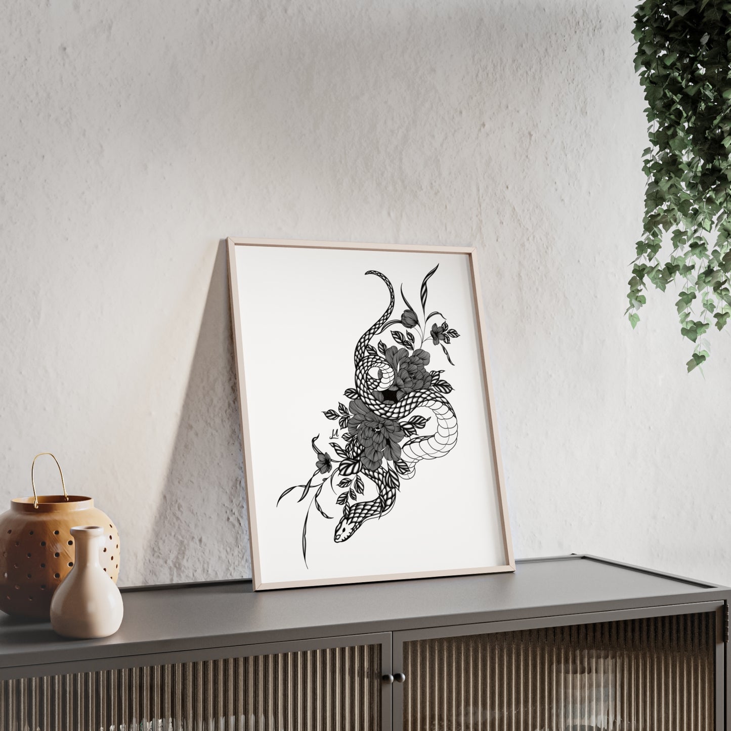 Botanical serpent wall art, in a black and white contrast shading - Framed.