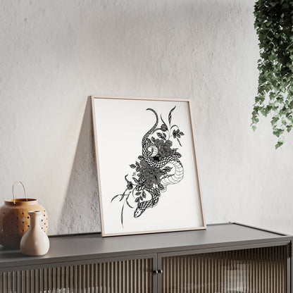 Botanical serpent wall art, in a black and white contrast shading - Framed.