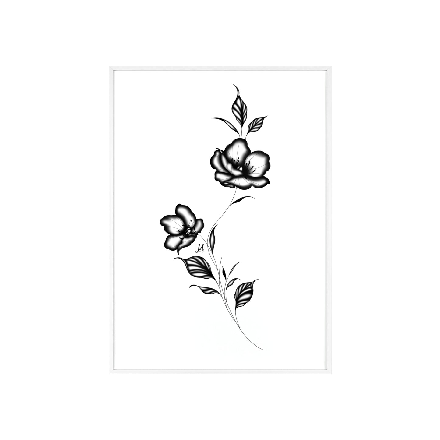 Black and white elegant flower artwork - Framed.