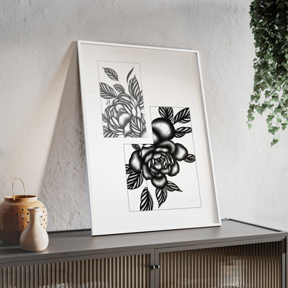 Detailed floral artwork in a black and white setting - Framed.
