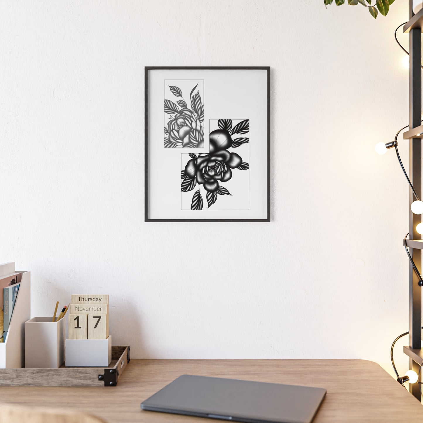Detailed floral artwork in a black and white setting - Framed.
