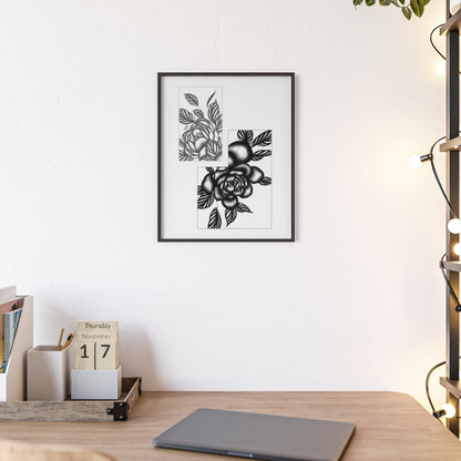 Detailed floral artwork in a black and white setting - Framed.