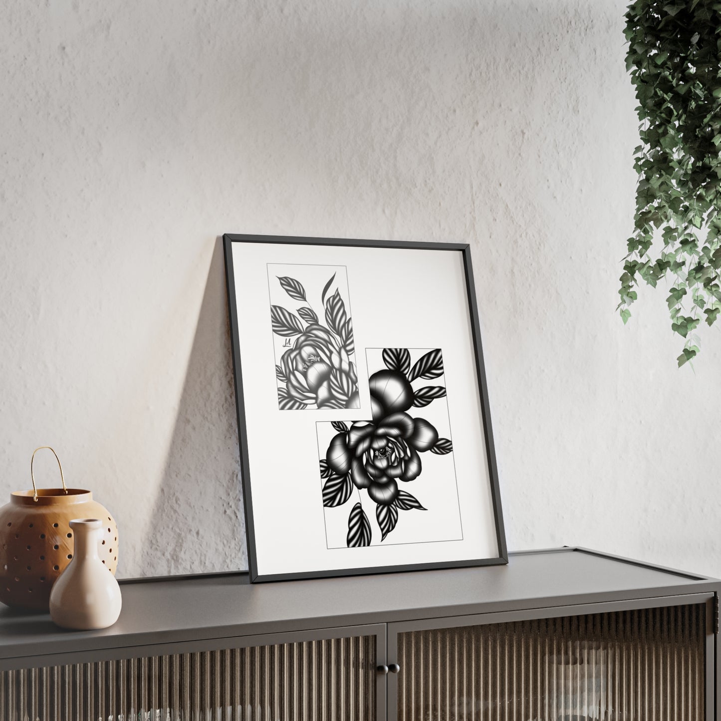Detailed floral artwork in a black and white setting - Framed.
