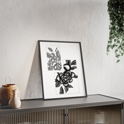 Detailed floral artwork in a black and white setting - Framed.