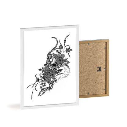 Botanical serpent wall art, in a black and white contrast shading - Framed.