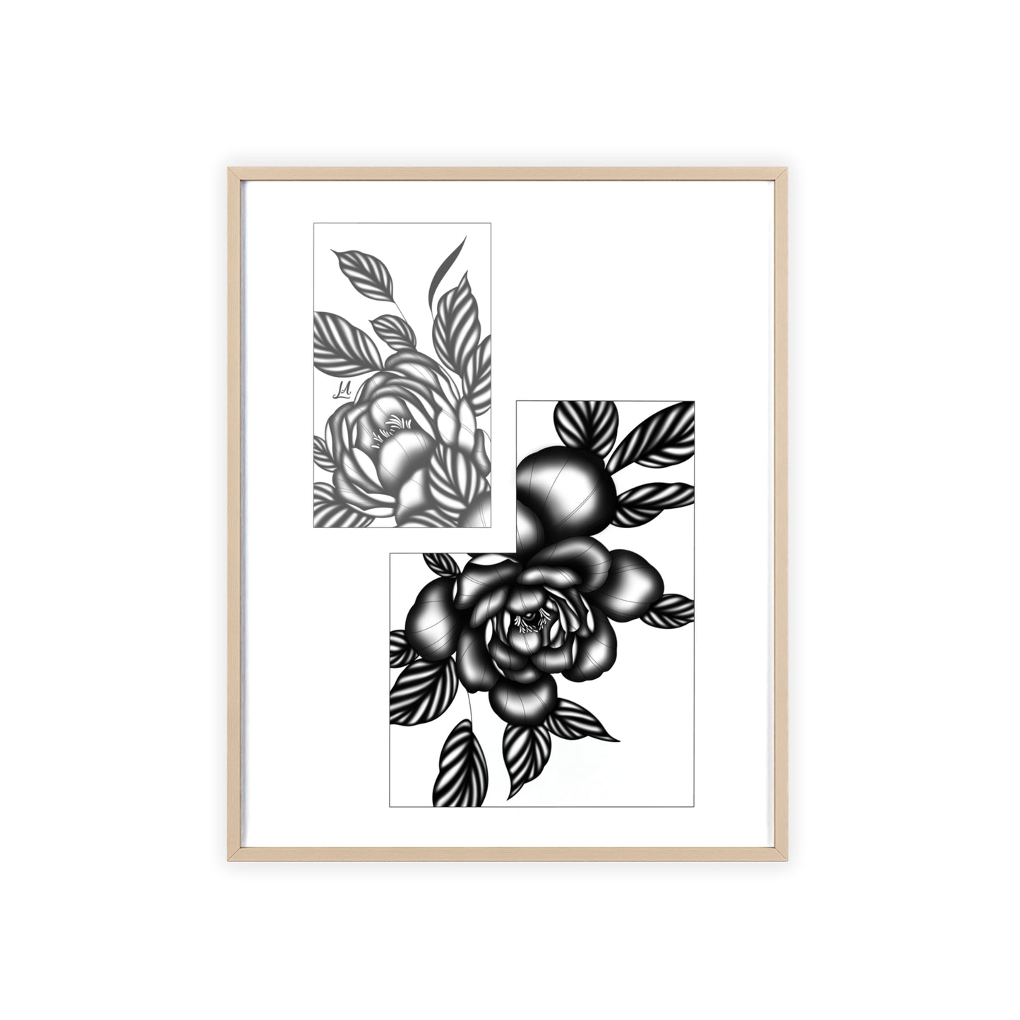 Detailed floral artwork in a black and white setting - Framed.