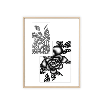 Detailed floral artwork in a black and white setting - Framed.