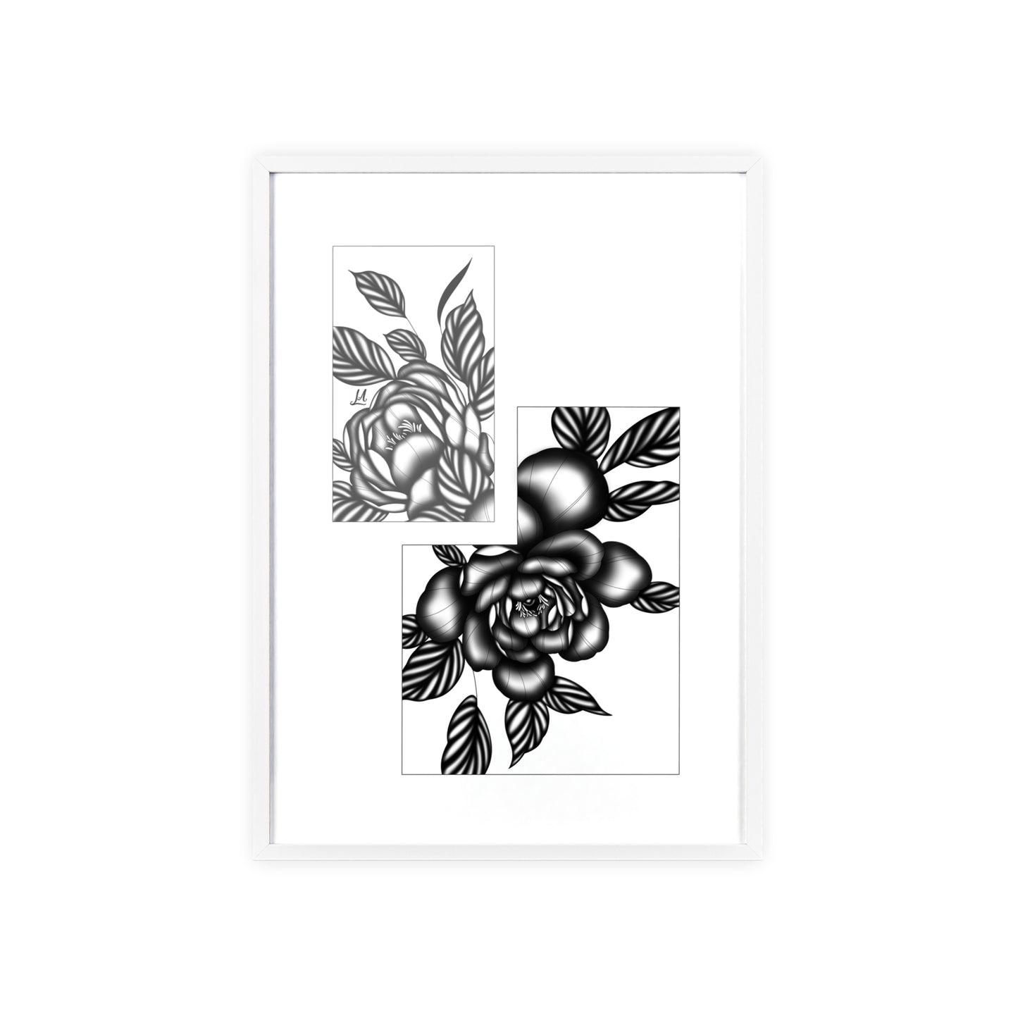 Detailed floral artwork in a black and white setting - Framed.