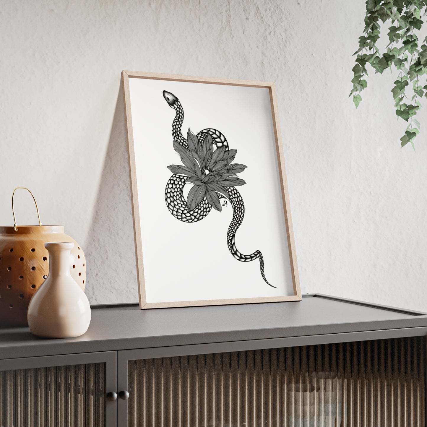 Serpent and flower artwork - Framed.