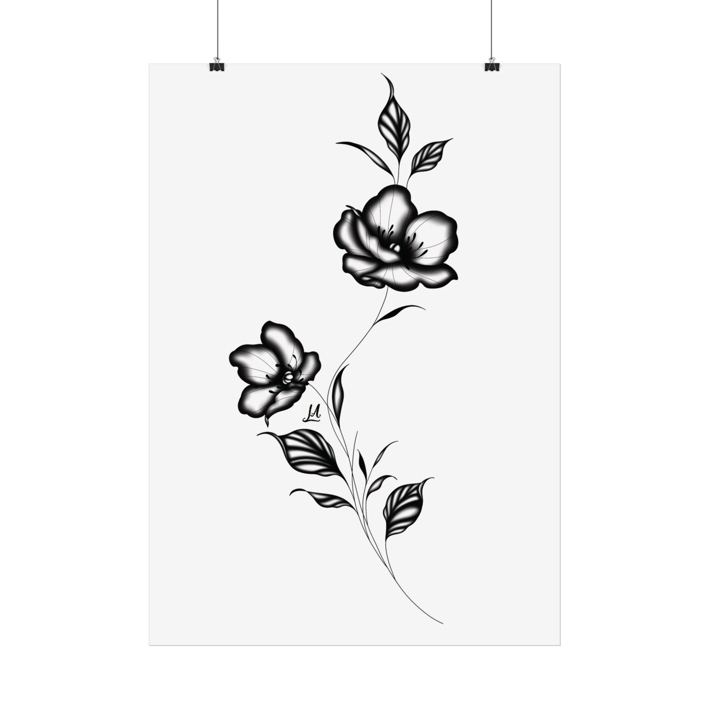 Black and white elegant flower artwork.