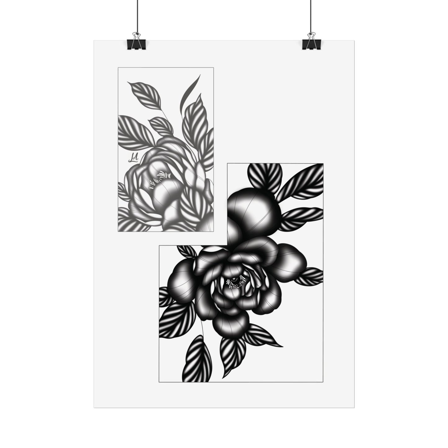 Detailed Floral artwork in a black and White setting.