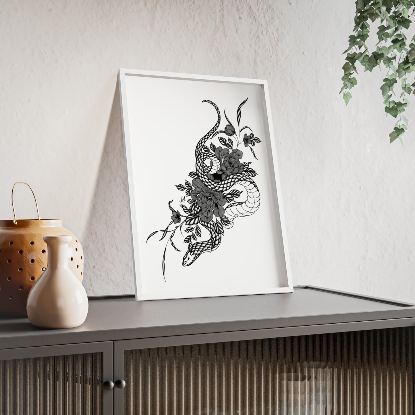 Botanical serpent wall art, in a black and white contrast shading - Framed.