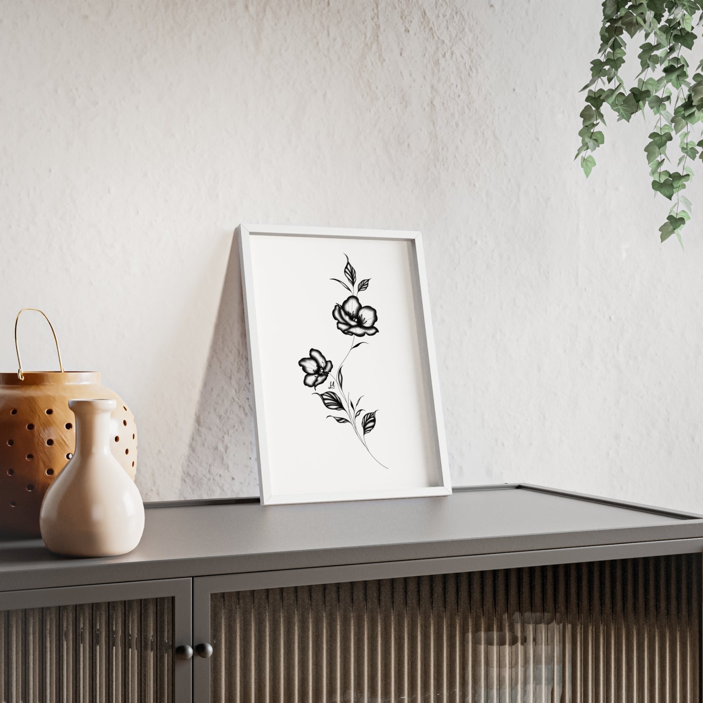 Black and white elegant flower artwork - Framed.