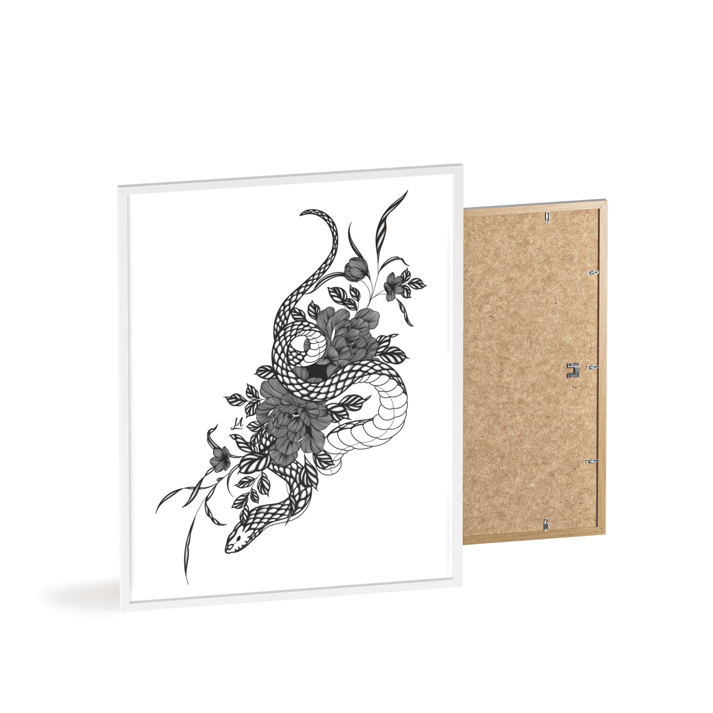 Botanical serpent wall art, in a black and white contrast shading - Framed.