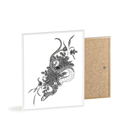 Botanical serpent wall art, in a black and white contrast shading - Framed.