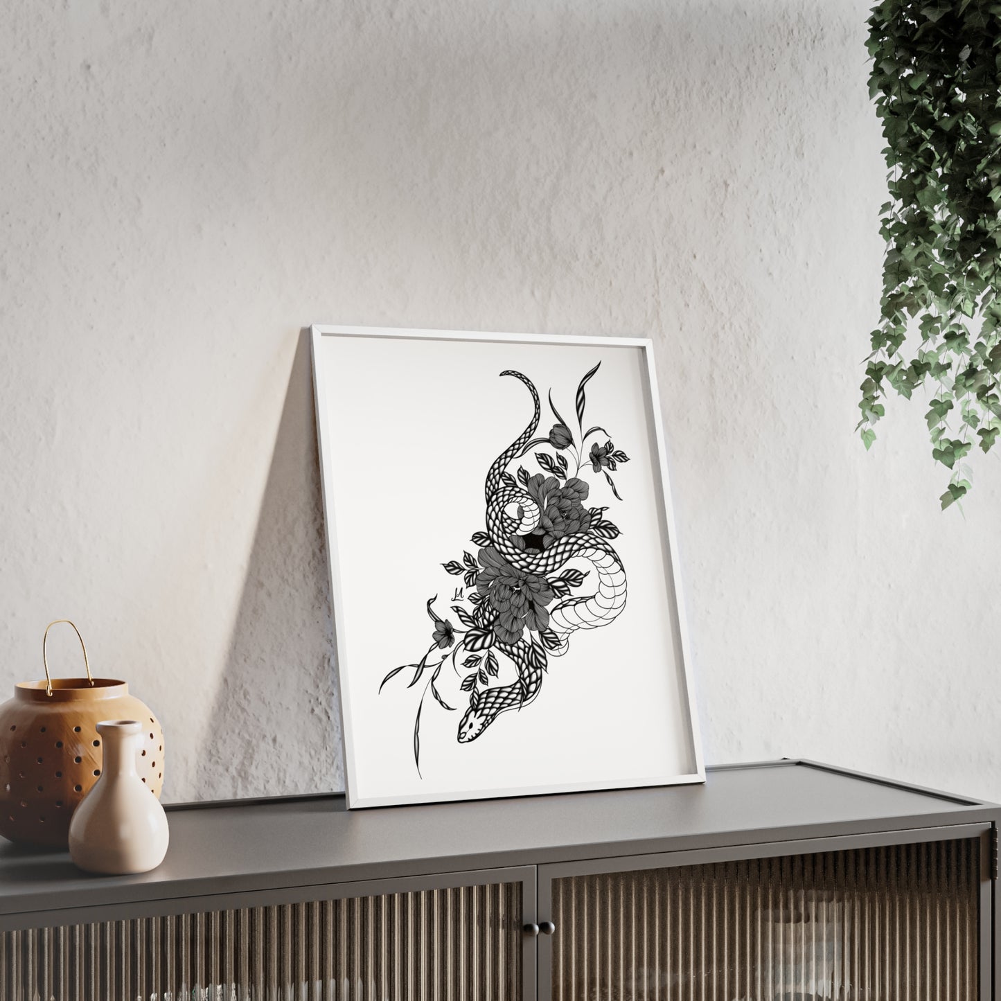 Botanical serpent wall art, in a black and white contrast shading - Framed.