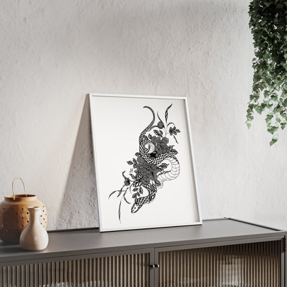 Botanical serpent wall art, in a black and white contrast shading - Framed.