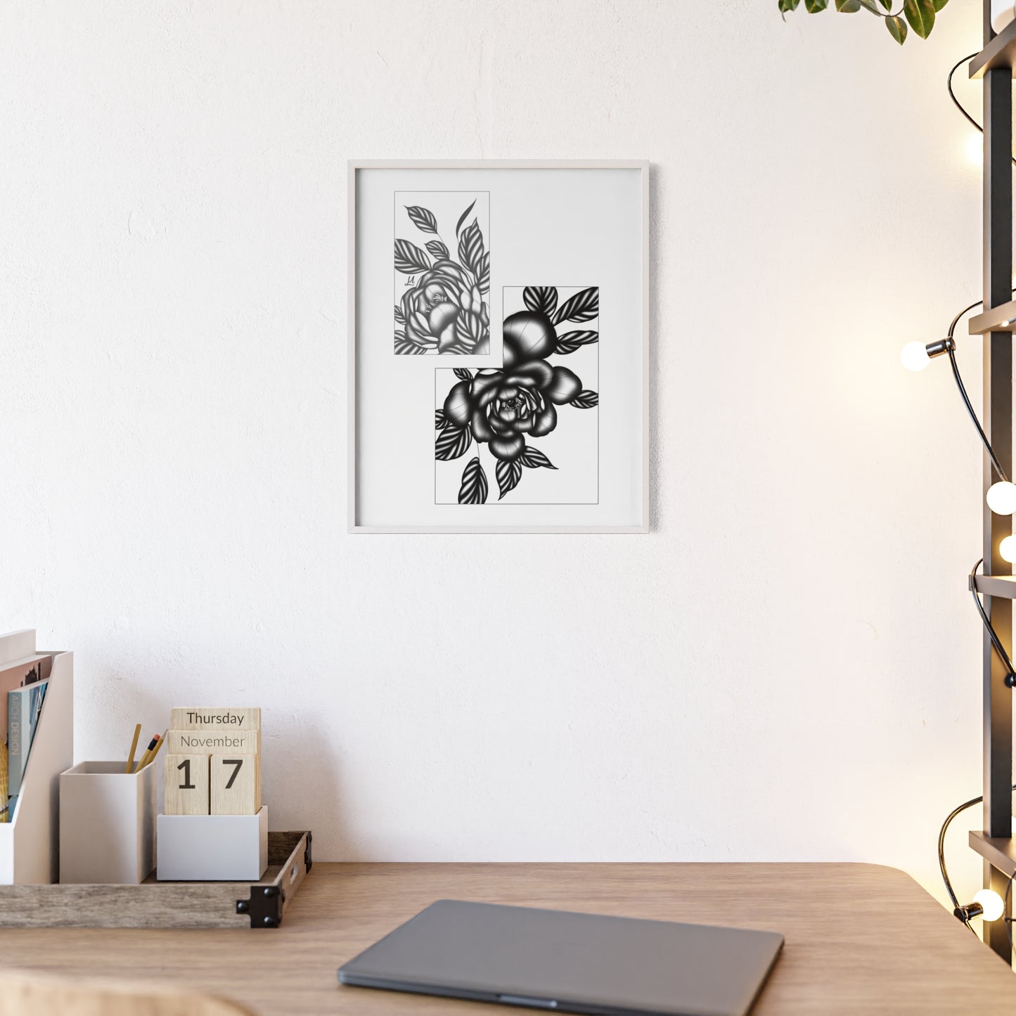 Detailed floral artwork in a black and white setting - Framed.