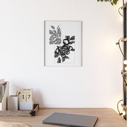 Detailed floral artwork in a black and white setting - Framed.