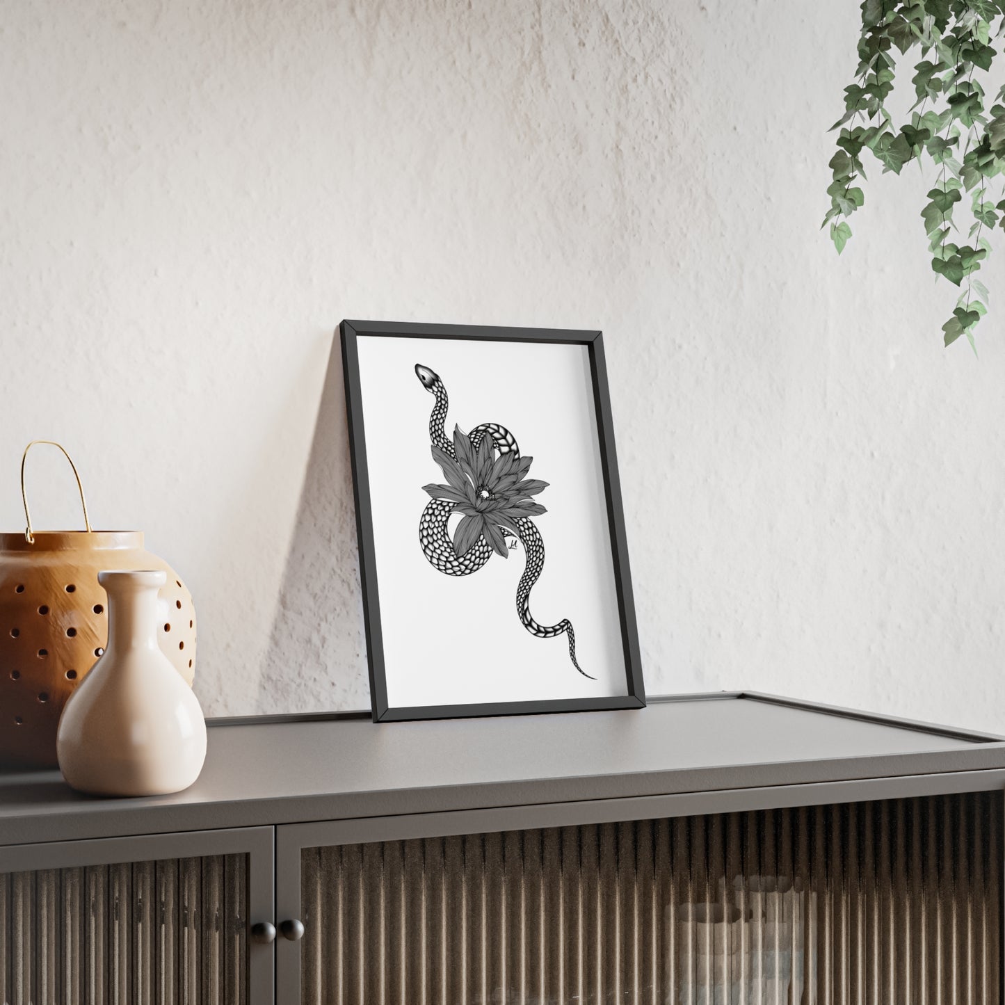 Serpent and flower artwork - Framed.