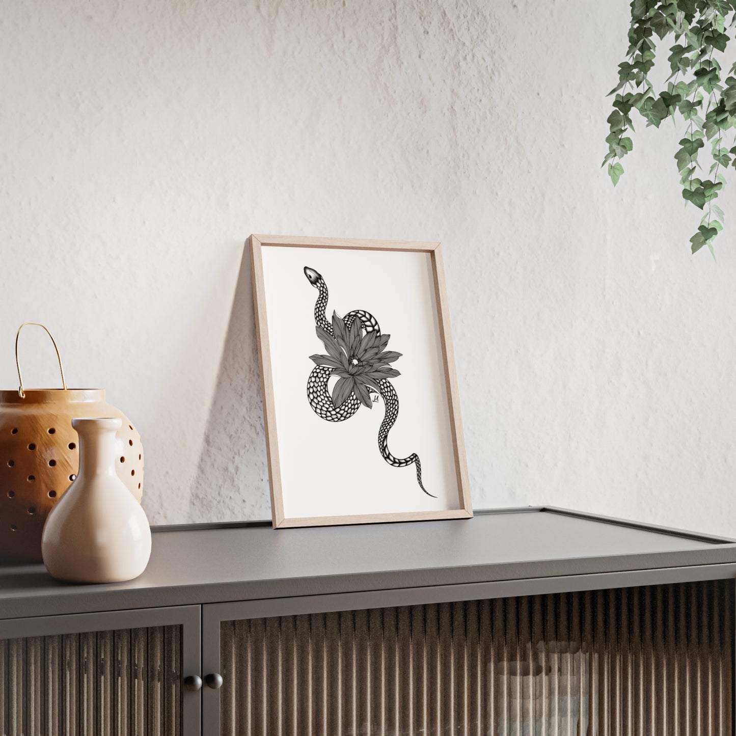 Serpent and flower artwork - Framed.