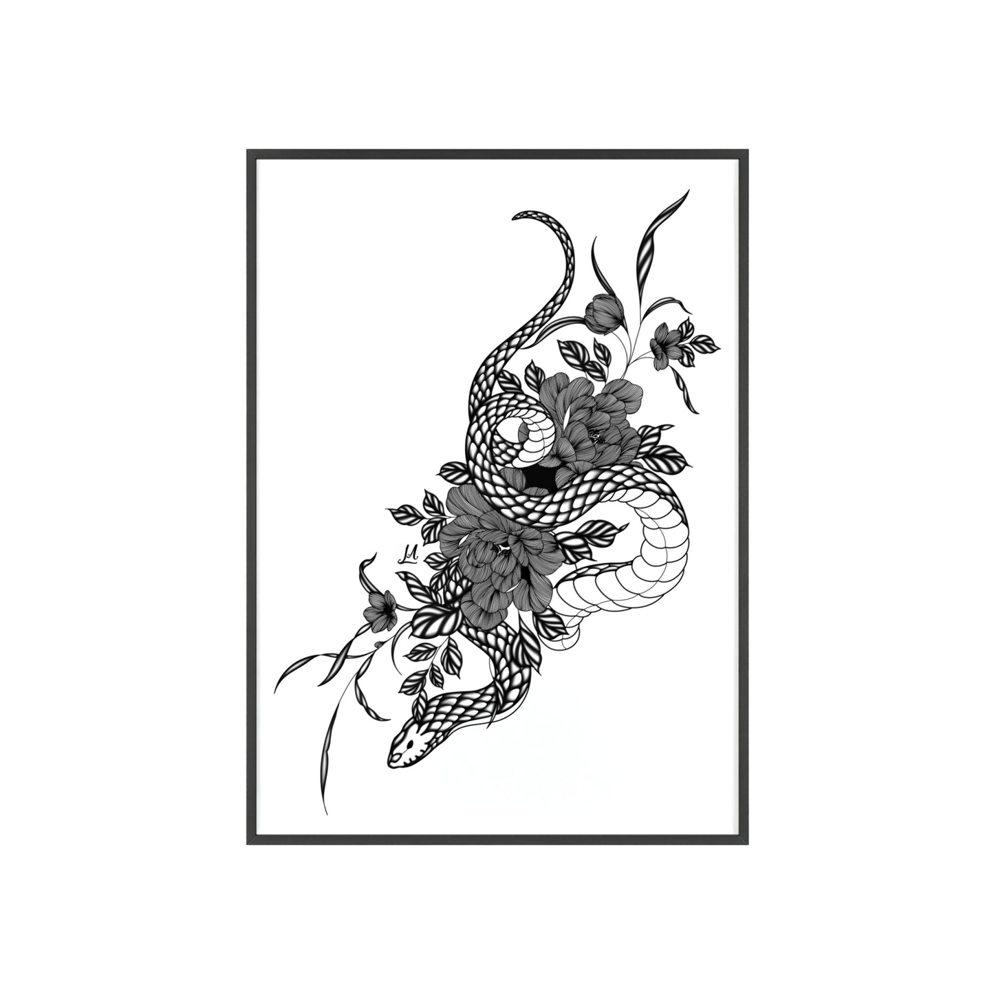 Botanical serpent wall art, in a black and white contrast shading - Framed.