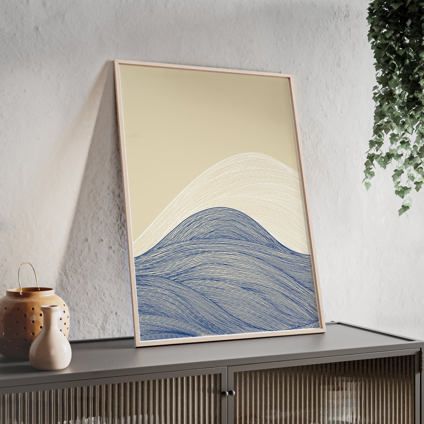Coastal Waves Poster with Wooden Frame, Nautical Wall Art, Beach House Decor, Minimalist Print, Home Office Artwork