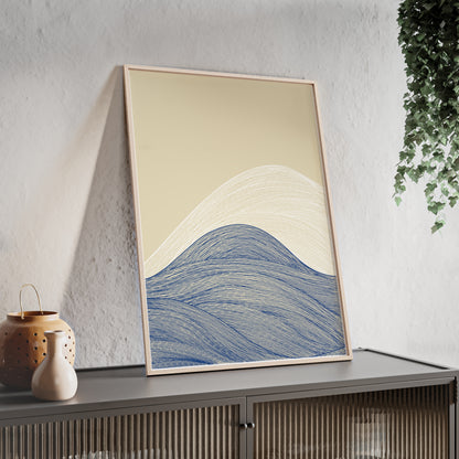 Coastal Waves Poster with Wooden Frame, Nautical Wall Art, Beach House Decor, Minimalist Print, Home Office Artwork