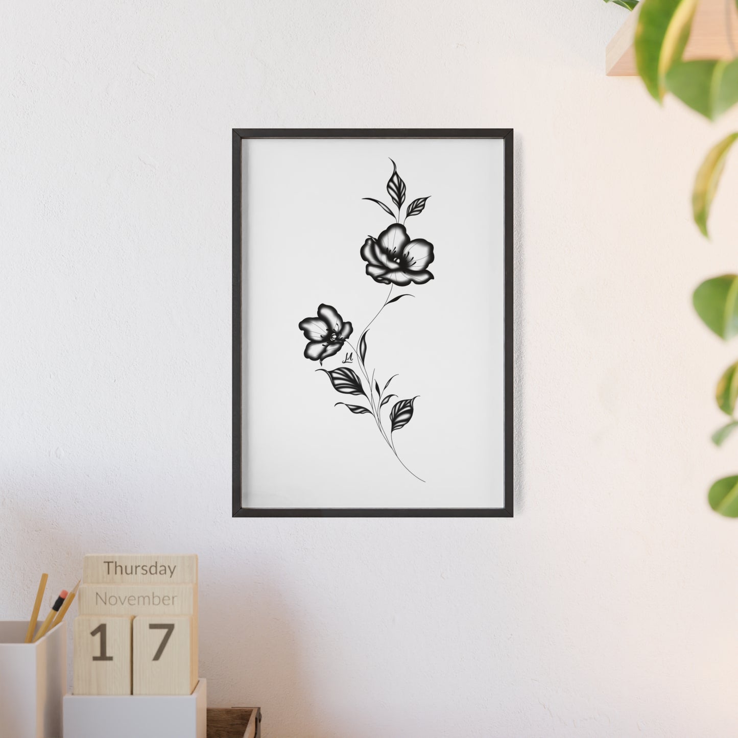 Black and white elegant flower artwork - Framed.