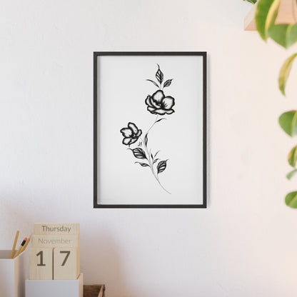 Black and white elegant flower artwork - Framed.