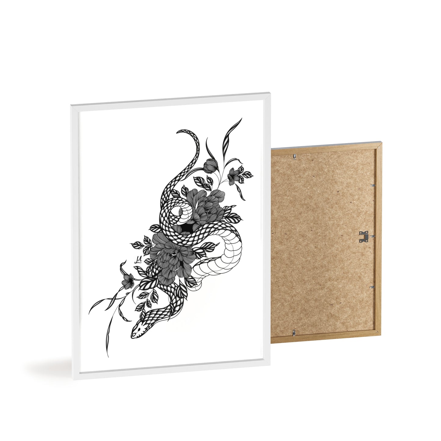 Botanical serpent wall art, in a black and white contrast shading - Framed.