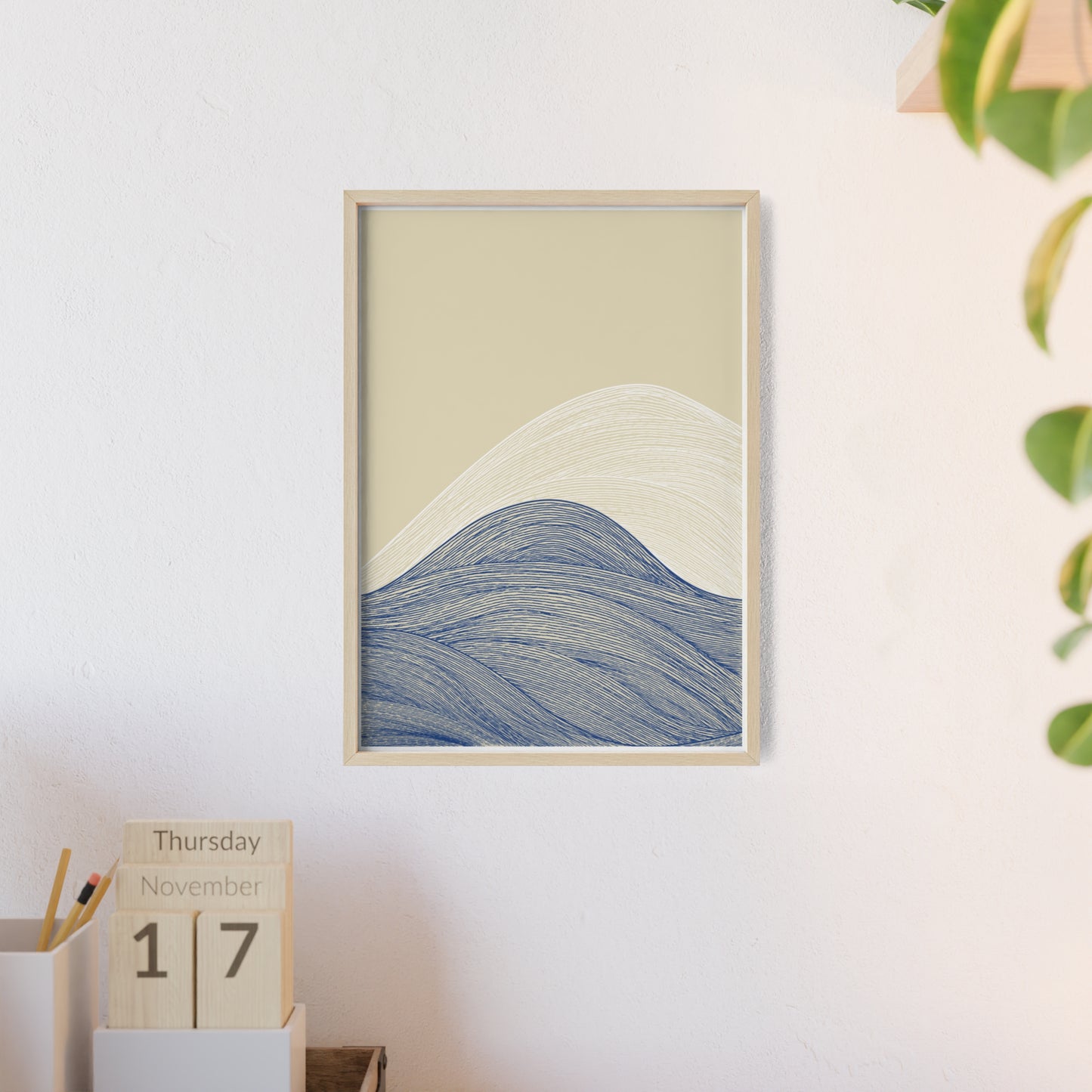 Coastal Waves Poster with Wooden Frame, Nautical Wall Art, Beach House Decor, Minimalist Print, Home Office Artwork