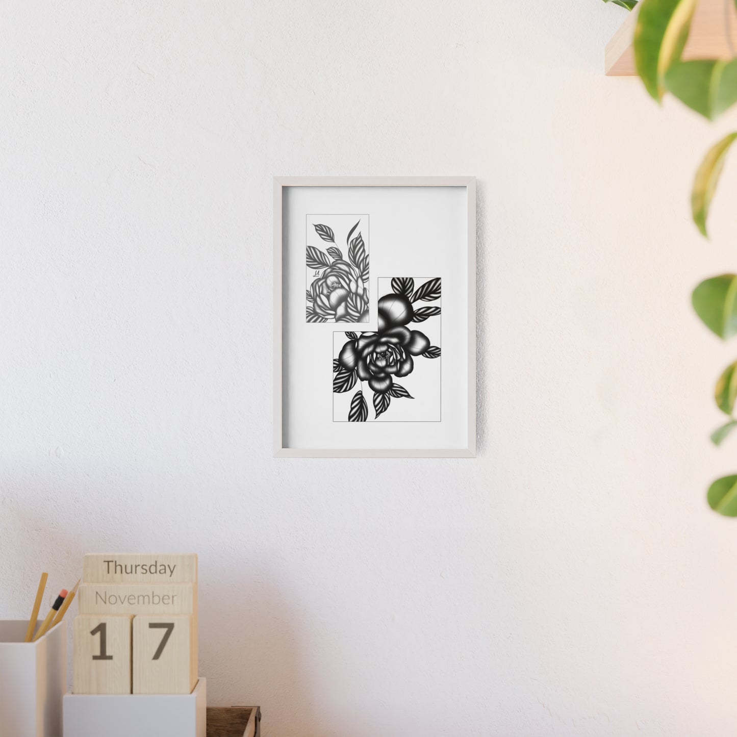 Detailed floral artwork in a black and white setting - Framed.