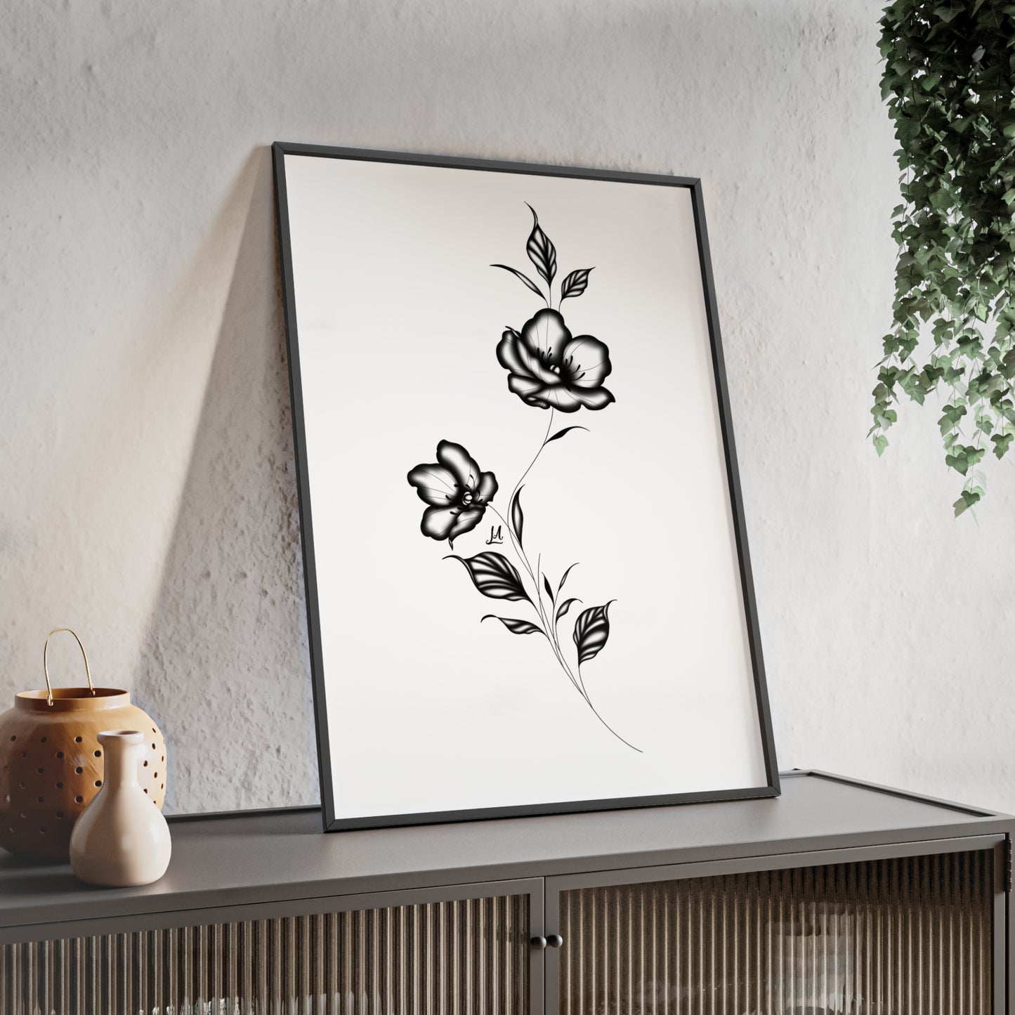 Black and white elegant flower artwork - Framed.