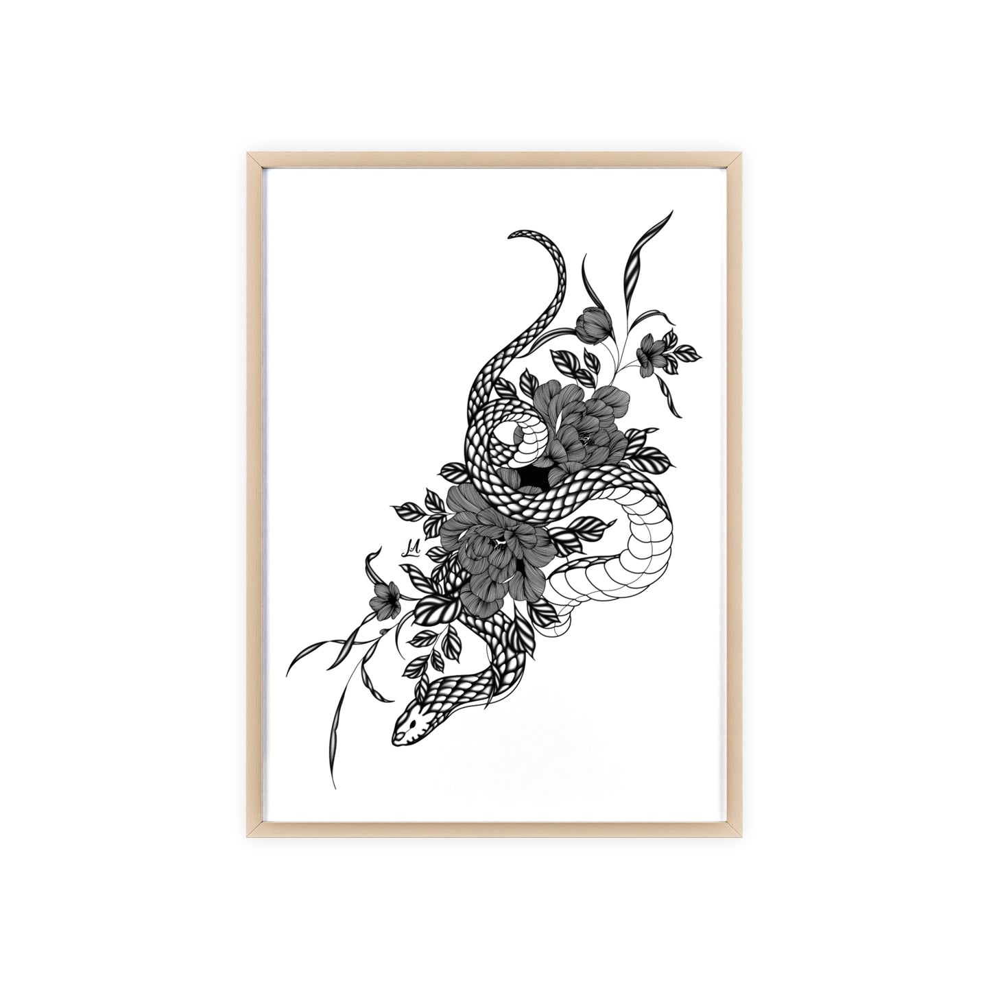 Botanical serpent wall art, in a black and white contrast shading - Framed.